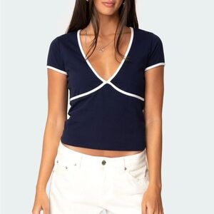 Edikted Navy and White V-Neck Crop Top